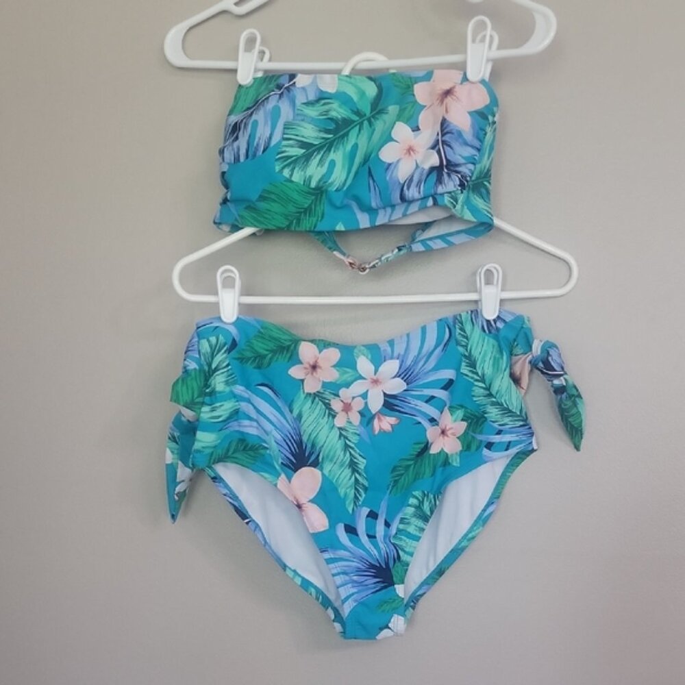 Kona Sol Green Blue White Bikini Set Top D/DD Bottoms L